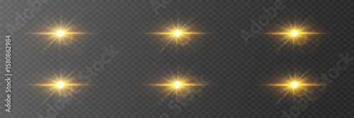 Set of glowing starry light effects with glare. On transparent background