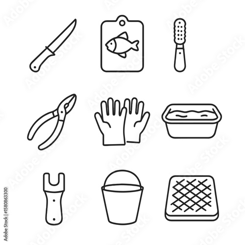 Icon gloves scaler mat pliers sharpener tools cleaning fish vector bucket