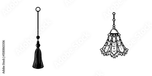 The outline of a decorative hanging tassel is presented as a modern hand-drawn illustration, isolated on a white background and serving as an artistic graphic element
