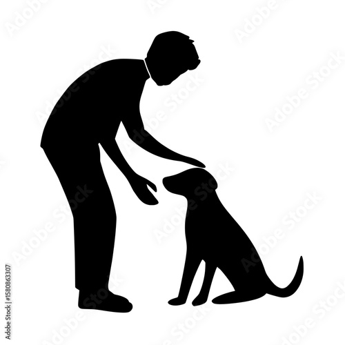 The silhouette of a man petting a dog is isolated on a white background in black