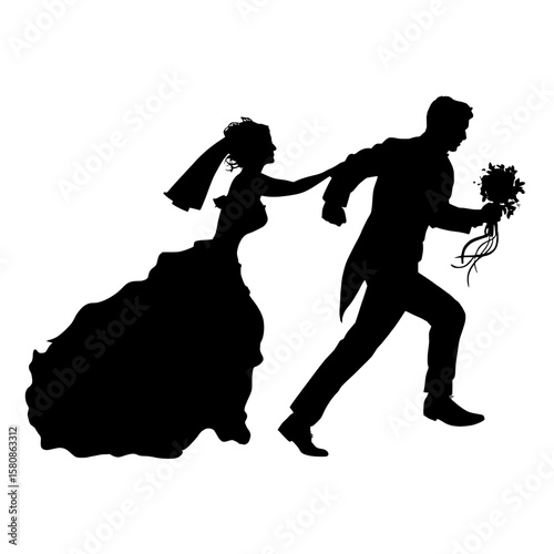 This image shows a humorous depiction of a bride in a wedding dress pulling a groom in a tuxedo by the hand, represented as a silhouette of the bride dragging the groom