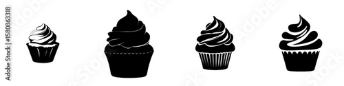 This image depicts a cupcake in a simple black and white silhouette, complete with a swirl of frosting, symbolizing a sweet bakery treat, as represented in a modern clipart illustration design