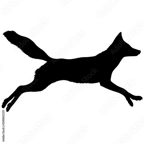 This image depicts a fox in mid-jump as a black silhouette, emphasizing its agility and dynamic movement in a modern clipart style