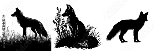 The modern clipart illustration showcases a black silhouette of a fox, accentuating its sharp ears, bushy tail, and sleek physique, which embody the animal's wild and agile nature