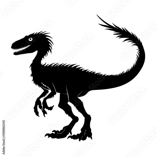 This image depicts the silhouette of a Velociraptor, a small and agile dinosaur that roamed the earth during prehistoric times, in a modern clipart design