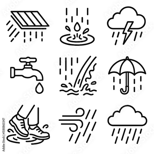 Rainy puddle umbrella dripping tap icons vector icon sound rain thunder splash