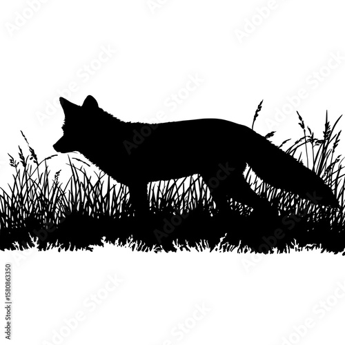 This image depicts a fox on the prowl, its black silhouette set against a backdrop of tall grass as it moves with caution and alertness, epitomizing a hunt scene in a modern clipart style