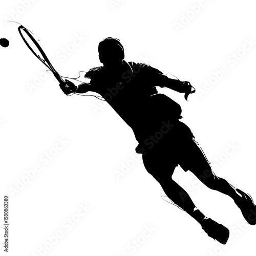 A modern clipart illustration, this image showcases a black silhouette of a tennis player hitting a ball, emphasizing the dynamism of the motion and the athleticism of the player