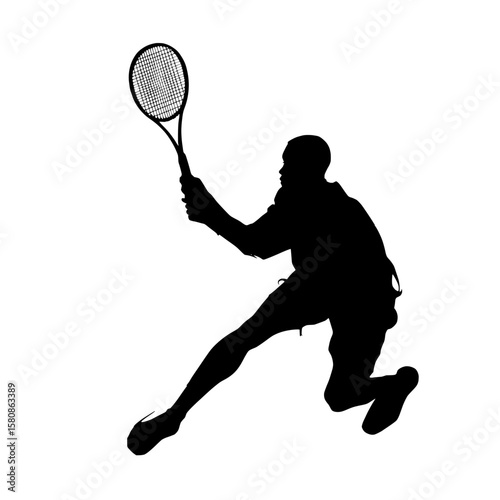 The picture features a black silhouette of a tennis player actively engaged in a match, holding a racket and ready to hit a ball, created in a contemporary illustration design