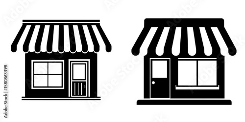 This image depicts a store in the form of a black silhouette, complete with a striped awning, rectangular windows, and a door, symbolizing a commercial storefront in a modern clipart style