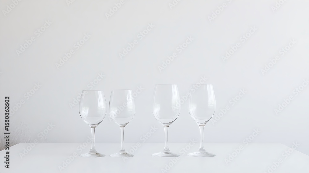 Fototapeta premium Elegant Still Life Four Empty Champagne Flutes Against Clean White Background