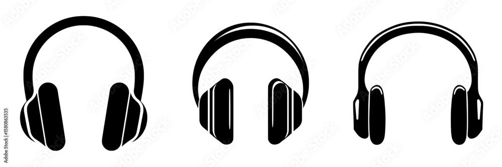 A modern illustration of a headphones icon is shown isolated on a white background A modern illustration of a headphones icon is shown isolated on a white background