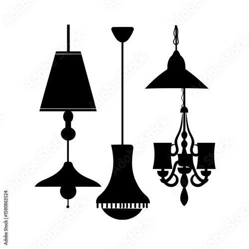A modern simple flat graphic illustration shows a black silhouette of various hanging ceiling lamps, including a lamp and a chandelier, viewed from the front, isolated on a white background