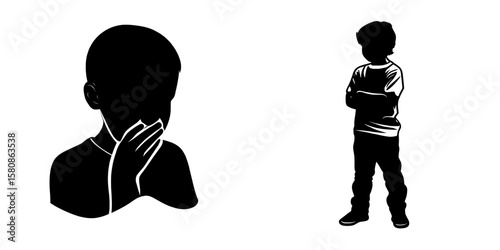 The modern silhouette of a boy with a sad expression is isolated on white
