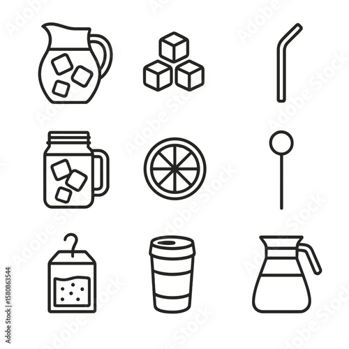 Pitcher icon jar carafe citrus iced cubes tea mason stick accessories vector