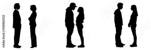 This image depicts two individuals standing and facing one another, shown as black silhouettes set against a white background, in a modern clipart illustration design, with 2 people in silhouette