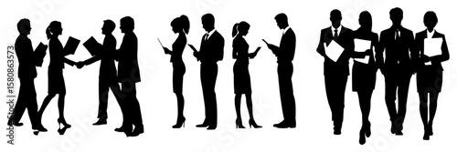 This image depicts the silhouettes of four business professionals holding documents, symbolizing teamwork and corporate communication through a modern clipart illustration design, resembling a staff