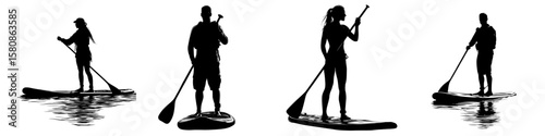 This image shows a person on a paddleboard with a paddle, representing paddleboarding and outdoor activities through modern clipart design, forming a paddle board silhouette