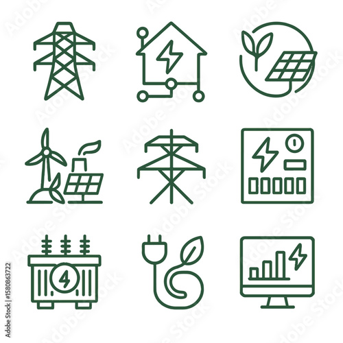 Energy green solar power transmission vector network smart station icon transformer screen