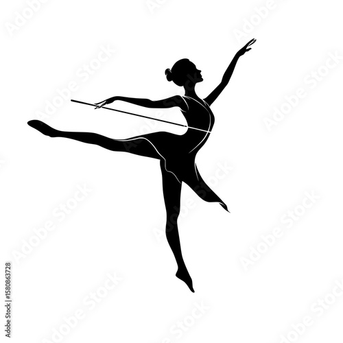 A dynamic pose of a baton twirler is captured in a modern clipart illustration, featuring a black silhouette that embodies balance, refinement, and mastery of rhythmic movement