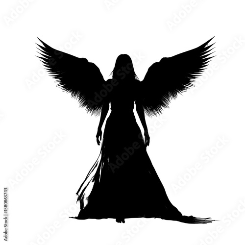 A modern clipart illustration design presents a silhouette of a guardian angel, characterized by its spread wings and flowing gown, embodying themes of protection and spirituality