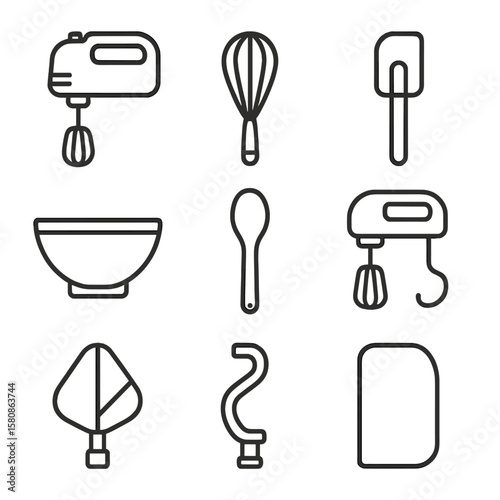 Mixing tools dough beater whisk silicone icon bowl wooden vector hook icons