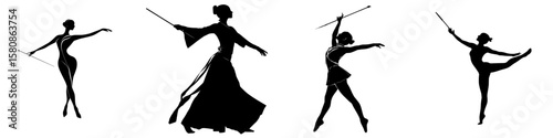 This image depicts a twirler in silhouette, posing elegantly with a baton, highlighting athleticism, rhythm, and expressive movement in a modern clipart illustration