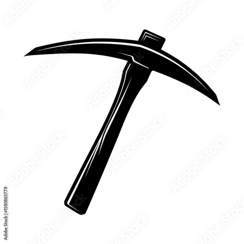 On a white background, an illustration of a pickaxe is rendered in black outline, complete with a wooden handle