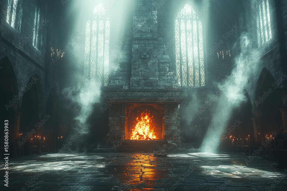 Fototapeta premium Eerie Yet Inviting Glow of a Medieval Castle Hearth