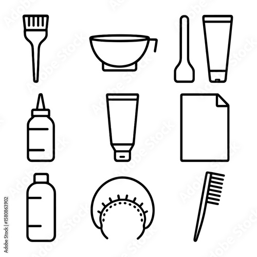 Color tinting comb dye mixing hair vector coloring icon bottle developer tools