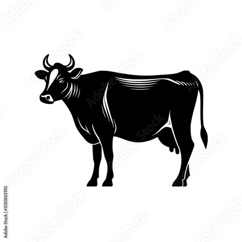 The modern design of this clipart illustration features a black silhouette of a dairy cow, with its udder and horns visible, symbolizing the rural farming and milk production industries
