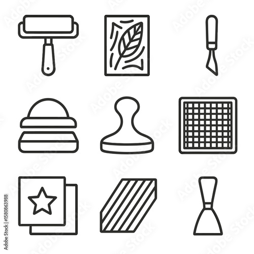 Icon vector scraper screen stencil tools brayer ink printmaking icons roller sheet