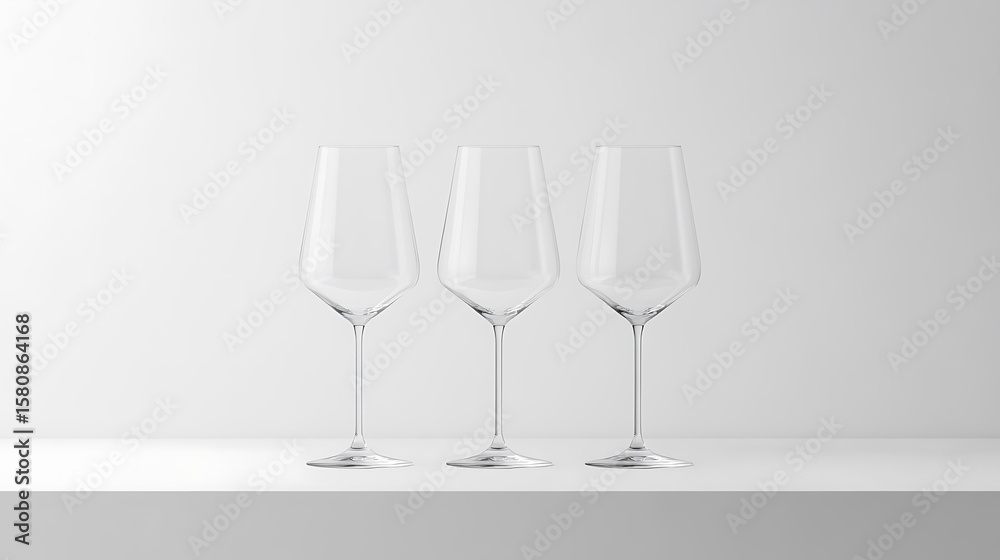 Fototapeta premium Three Empty Champagne Flute Glasses On Minimalist White Surface For Celebrations