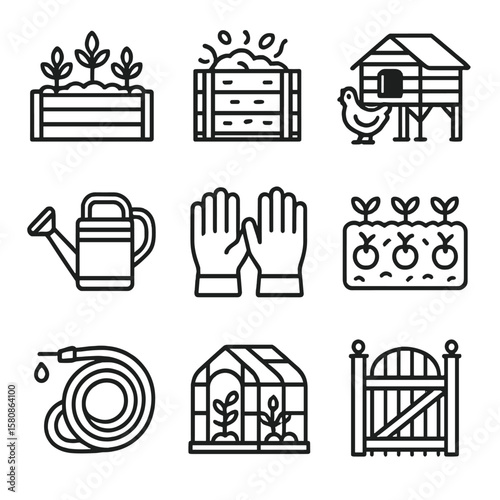 Chicken bin gloves icons icon can garden patch gate vector farming coop