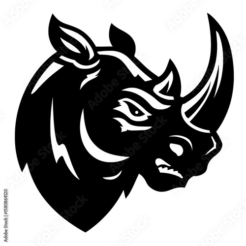 This image depicts a rhino head in black silhouette, complete with intricate horns and rough features, embodying power and the natural world, all presented in a contemporary clipart style
