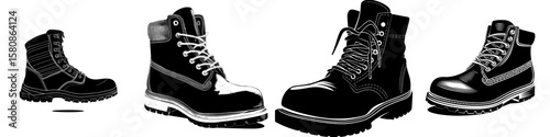 This image depicts a black silhouette of a sturdy boot, also known as a shoe or footwear, embodying durability and style, presented in a modern clipart illustration design