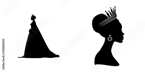A modern clipart illustration, this image presents a queen's black silhouette, complete with a crown and an elegant gown, representing the qualities of royalty, elegance, and sophistication