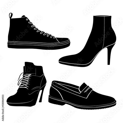 This modern clipart illustration showcases silhouettes of four distinct shoe types: sneaker, high-heel, loafer, and boot, highlighting the diversity of footwear designs