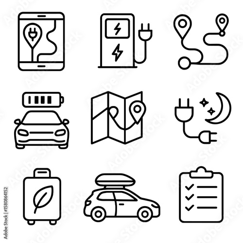 Overnight trip planner ev charging travel vector range icon map