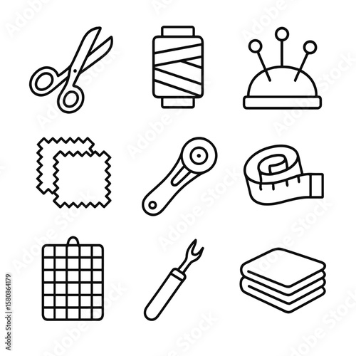 Tape pin icons seam vector rotary scissors icon measuring crafting fabric cushion