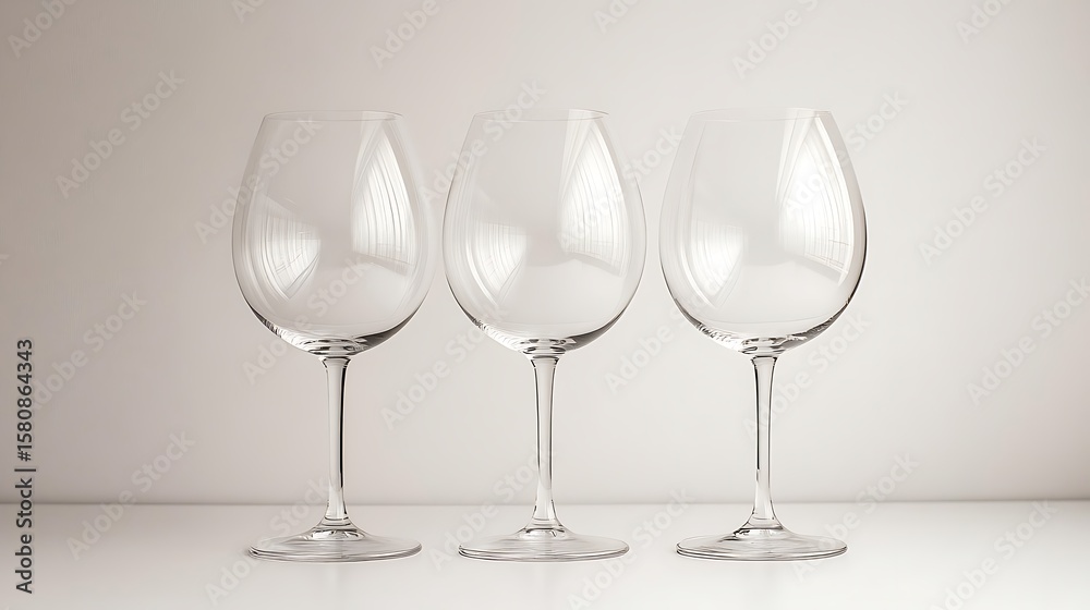 Three Empty Wine Glasses Arranged Elegantly On A Neutral White Surface Three Empty Wine Glasses Arranged Elegantly On A Neutral White Surface