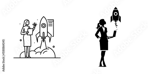 The launch of a rocket represents innovative ideas, while a woman assesses the outcomes using a star and a screen, embodying success and progress