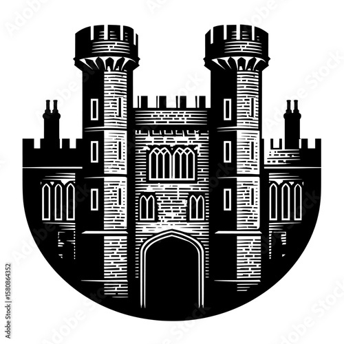 This image depicts the black silhouette of a castle tower, known also as a fortress or stronghold, showcasing its unique architectural details in a modern clipart style