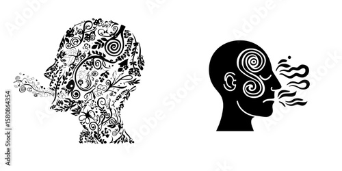 A human head outline is depicted with airflow patterns through the mouth and nose, set amidst swirling natural elements, making it perfect for use in health, science, climate, environment, air