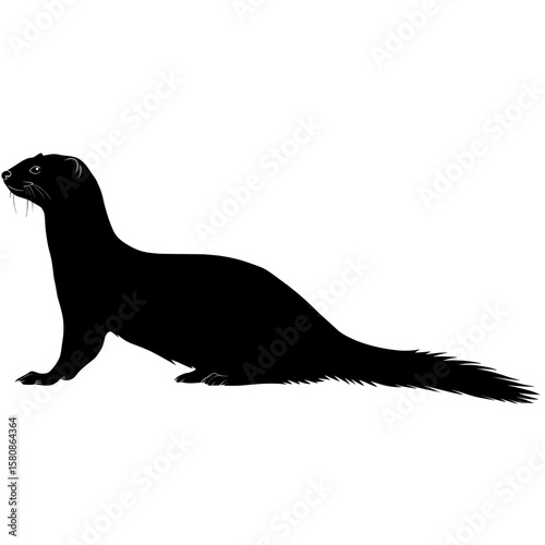 The image displays a ferret silhouette in black, known by other names such as polecat or weasel, with notable features including an elongated body and a bushy tail, as part of a modern clipart