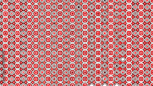 Intricate red and white geometric pattern with repeating square and circular motifs