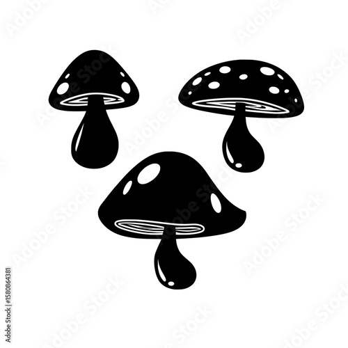 The silhouette set of forest mushrooms is depicted in a modern style on white