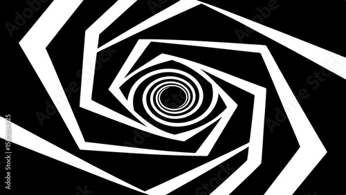 Abstract black and white hexagonal spiral tunnel illusion