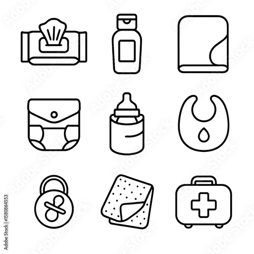 Kit foldable bib wipes case travel vector mat essentials icon small baby