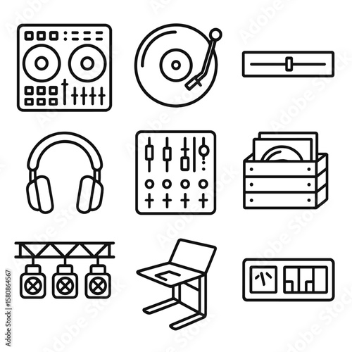 Audio icon counter beat crate record icons vector gear dj crossfader laptop